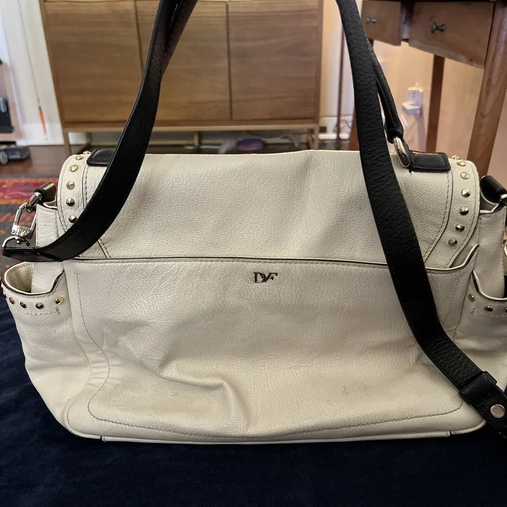 Diane Von Furstenberg DVF White Pebbled Leather Studded Satchel Crossbody Bag